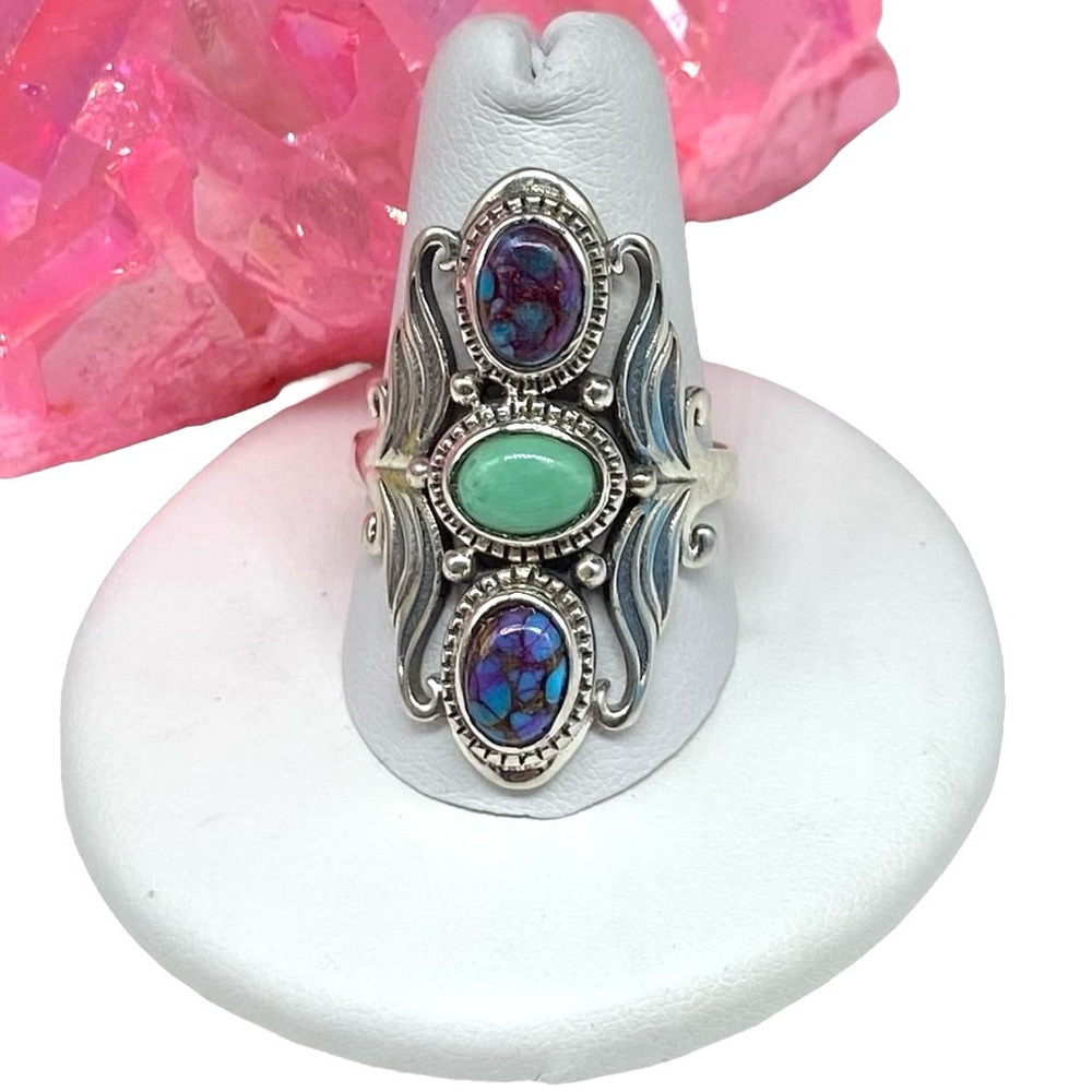 Hand Crafted Turquoise Green and Purple Multi-Stone Sterling Ring